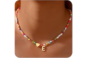 JIAOGE Christmas Gifts for Teen Girls Kids - Colorful Beaded Pearl Heart Initial Necklaces for Women Kids Teen Girl Gifts Trendy Stuff Cute Boho Choker Necklace for Girls Jewelry Birthday Gift