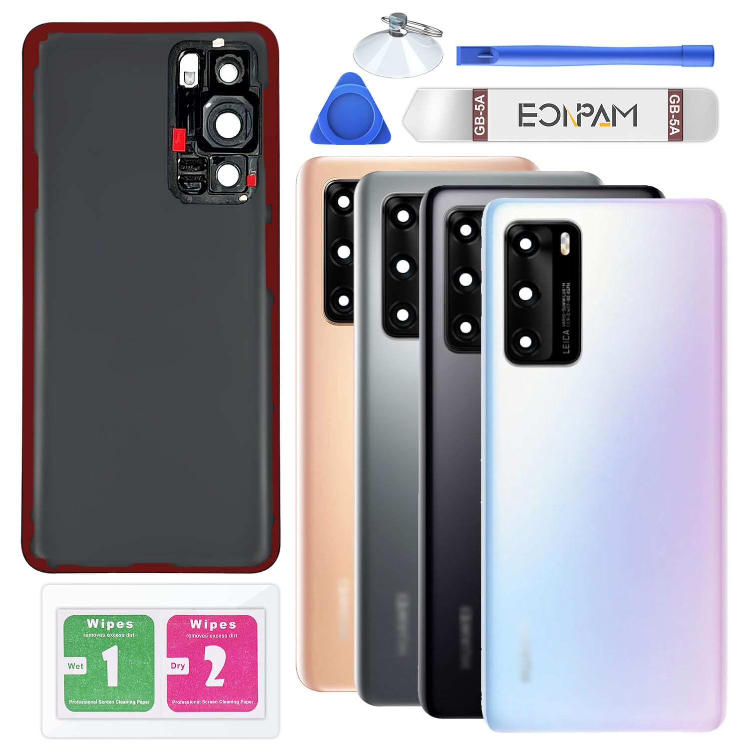 Eonpam Back Cover Glass for Huawei P40 Rear Glass Replacement with Camera Lens + Repair Kit Genuine Rear Housing（White）
