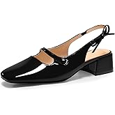 Coutgo Womens Mary Jane Shoes Slingback Chunky Low Heels Bow Closed Square Toe Pumps Wedding Party Dress Shoes