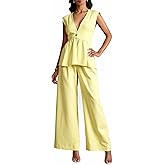 winkbay Women's 2 Piece Casual Summer Outfits Elegant Peplum Deep V Neck Blouse and Wide Leg Pants Set