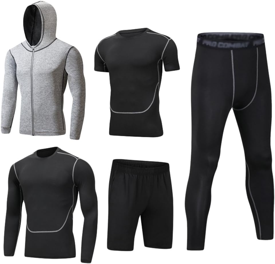 Mens 5pcs Sports Gym Fitness Clothing Set Hoodies Jackets+Long Sleeve+Short Sleeve Base Layers T Shirts+Loose Fitting Shorts+Compression Pants for Workout Training Running Tracksuits