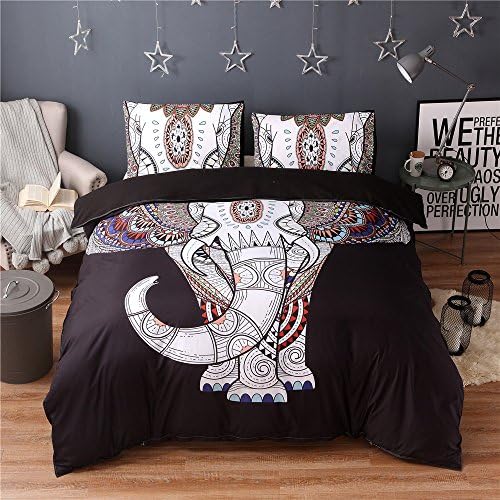 Duvet Cover Set 3 Piece Bohemian Elephant Printed Bedding Set 1 Duvet Cover 2 Pillowcases (Black, Queen)