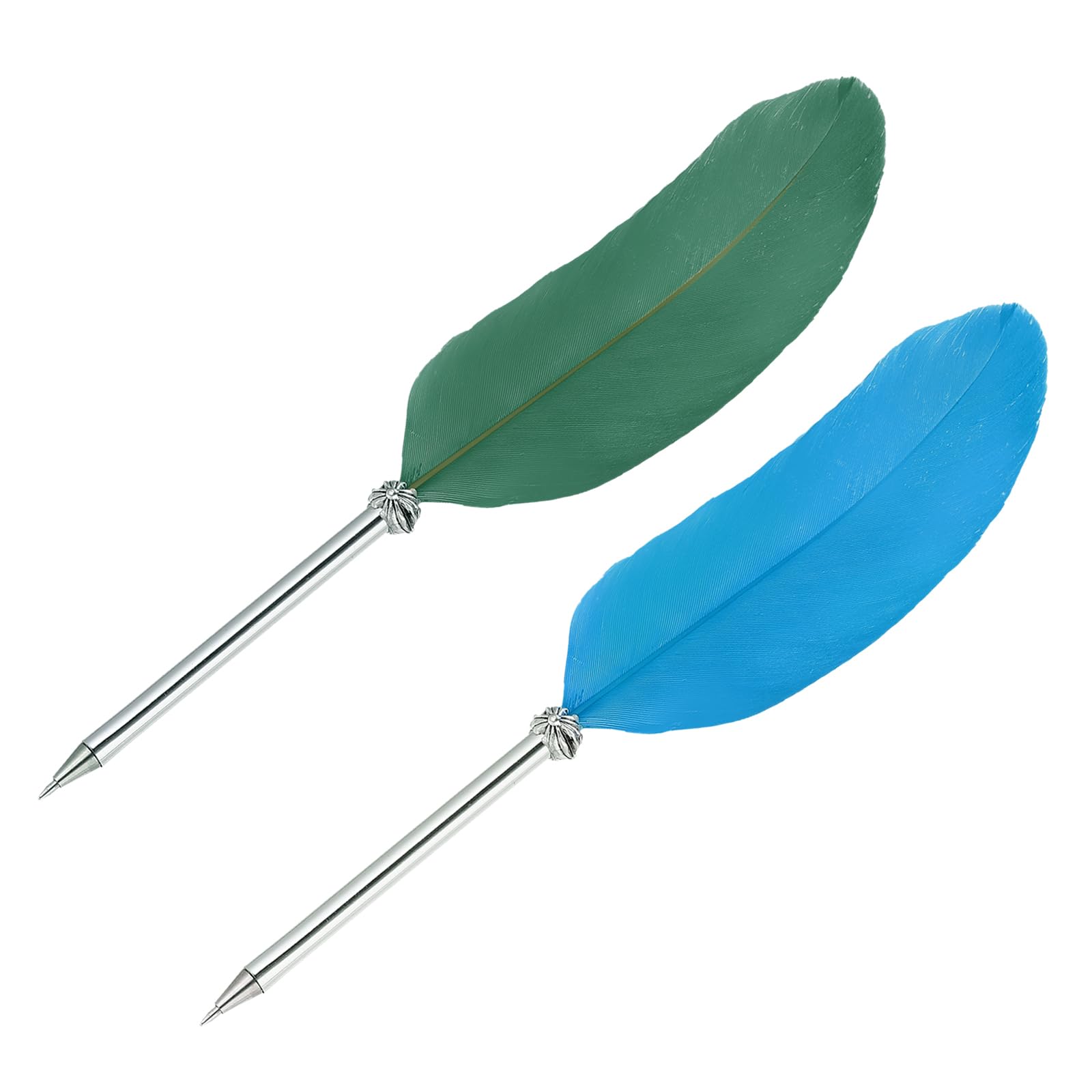 PATIKIL 21cm/8" Feather Ballpoint Pen, 2Pcs Ink Vintage Quill Pen Refined Plated Dip Pen for Calligraphy Writing Signature Wedding Gift, Green/Lake Blue