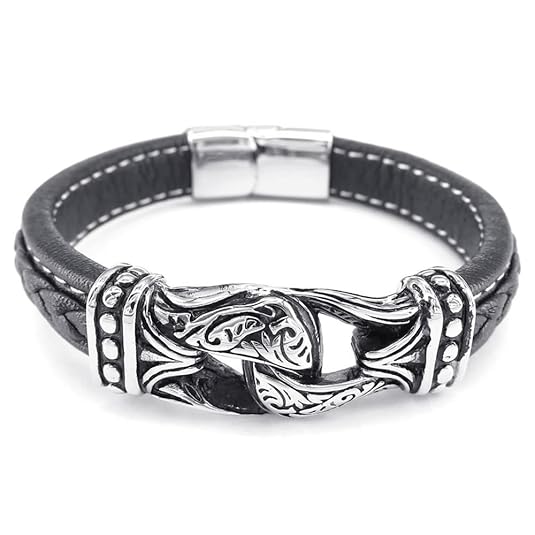 KONOV Schmuck Herren-Armband, geflochtenes Gothic Armband, Leder Edelstahl, Schwarz Silber (mit Geschenktasche)