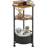 ZEXVIDA 3-Tier Small Round Side Table with Storage Basket, Rustic Brown | 11.8" Diameter Nursery Side Table Narrow End Table for Small Spaces, Modern Corner Table Living Room Small Nightstand Bedroom