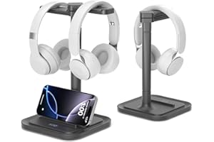 KDD Dual Headphone Stand for Desk - Rotatable Headset Hanger with Phone Holder - Removable Non-Slip Base for Gamers Desktop A