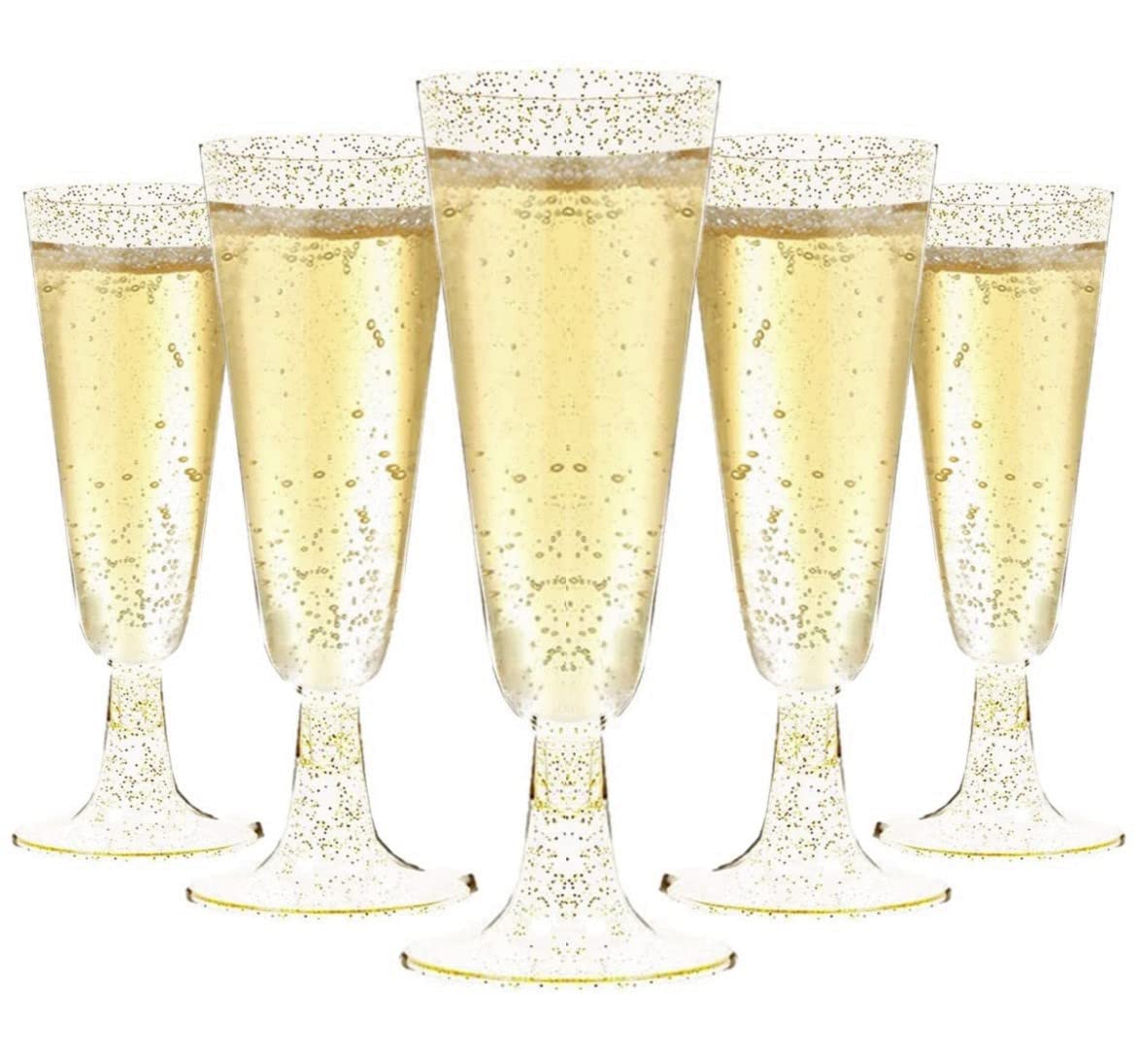 LATERN 50Pcs Gold Glitter Champagne Flutes, 150ml Plastic Champagne Glasses Reusable Stemmed Party Wine Cups for Garden Wedding Anniversary Shower Parties (5.5 x 16.5cm)