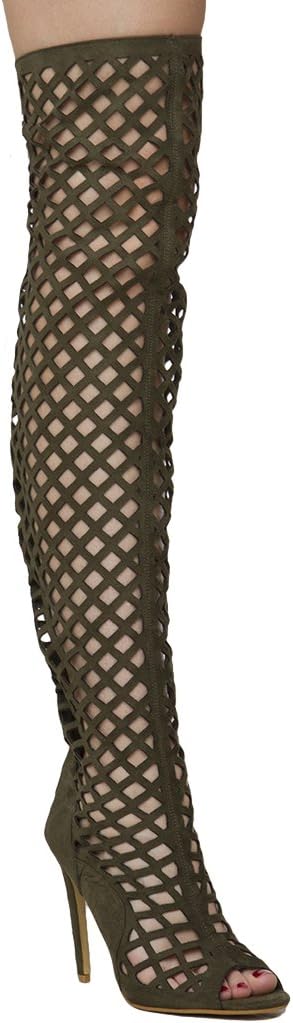 Cape Robin Lasercut Suede Over The Knee Peep Toe Boots - Green Size 7