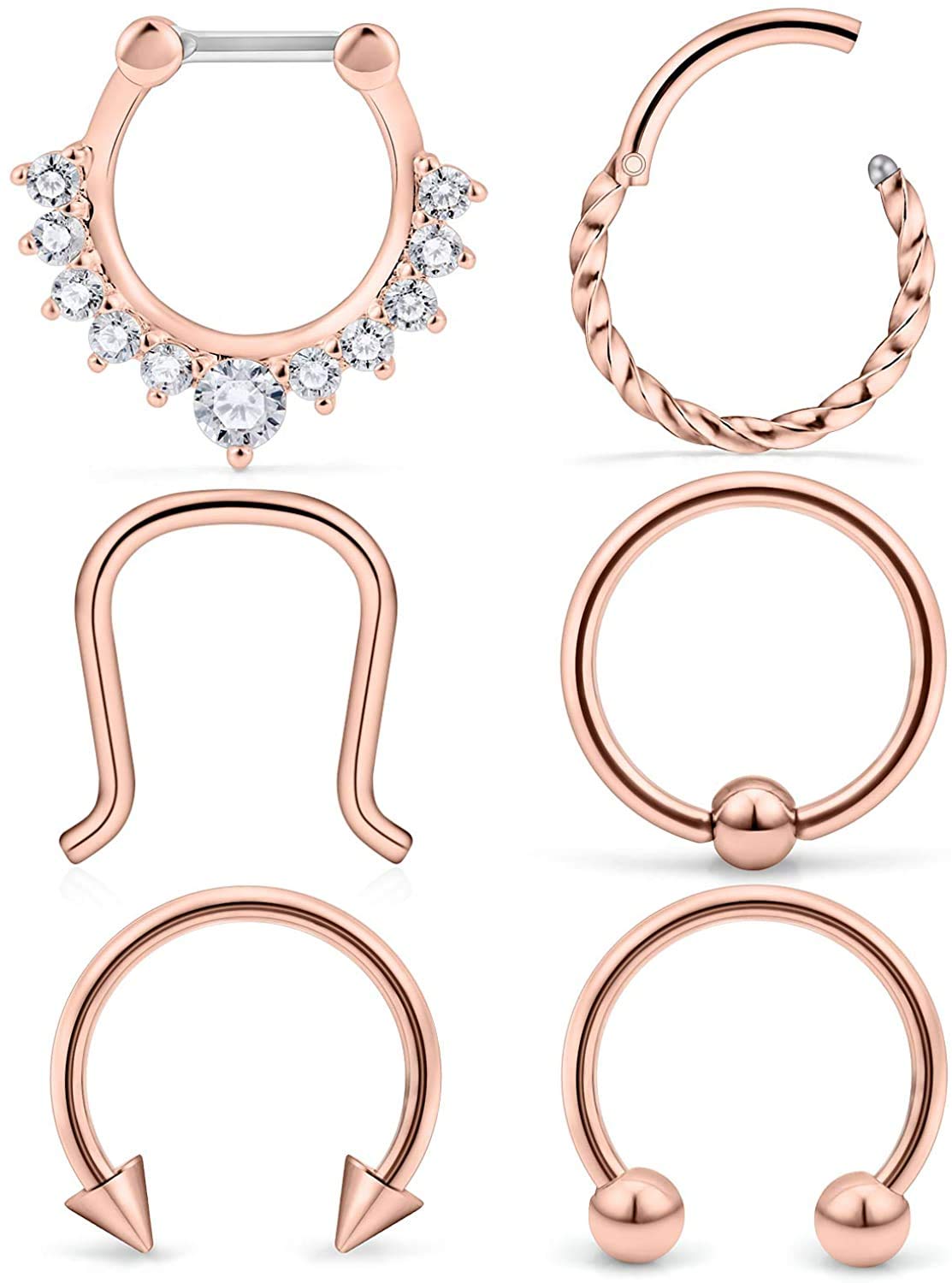 WillTen 6PCS 16G Stainless Steel Hinged Septum Piercing Hoop Nose Ring Diamond Twist Spike Horseshoe Helix Cartilage Daith Conch Earrings Clicker Lip Nose Septum Piercing Jewellery