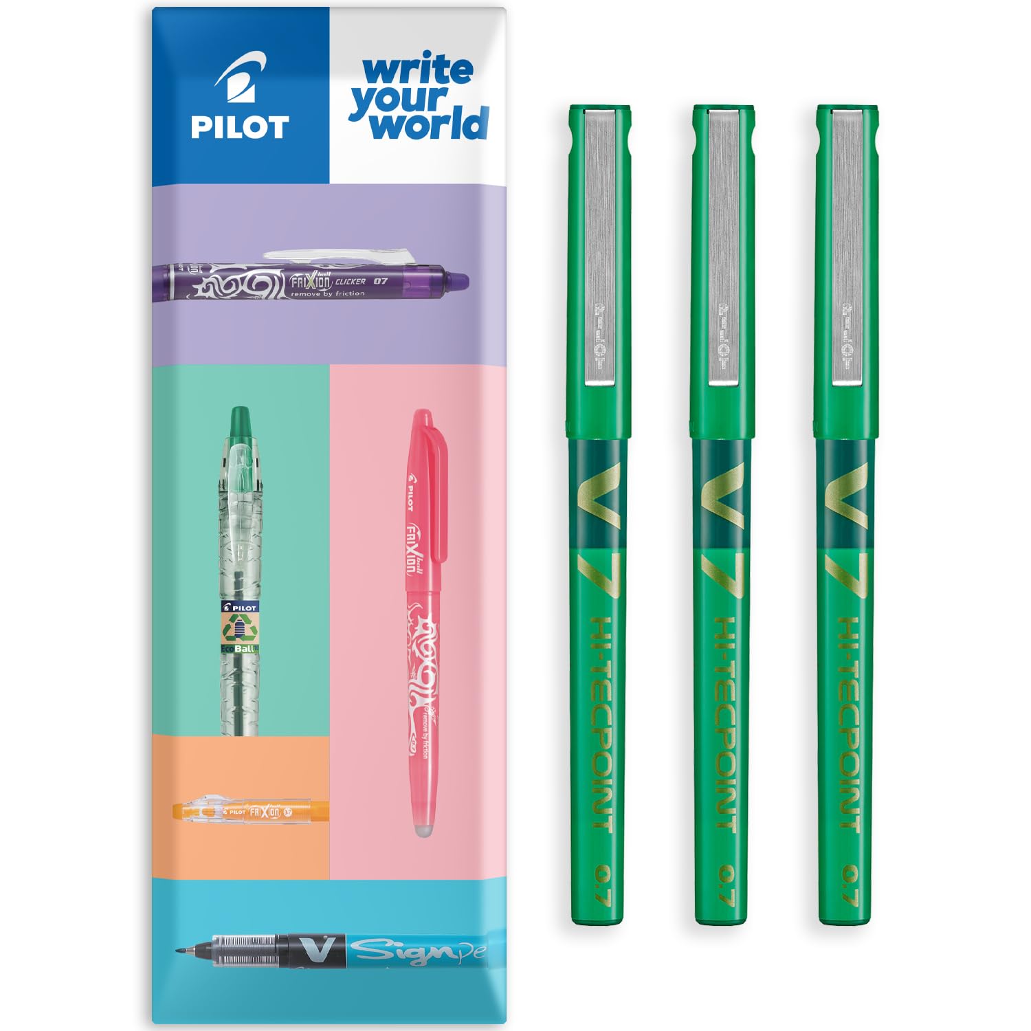 PILOT V7 Hi-Tecpoint Rollerball Pen - Liquid Ink - Medium 0.7mm Nib - In Envelope Gift Packaging - Pack of 3 (Green)
