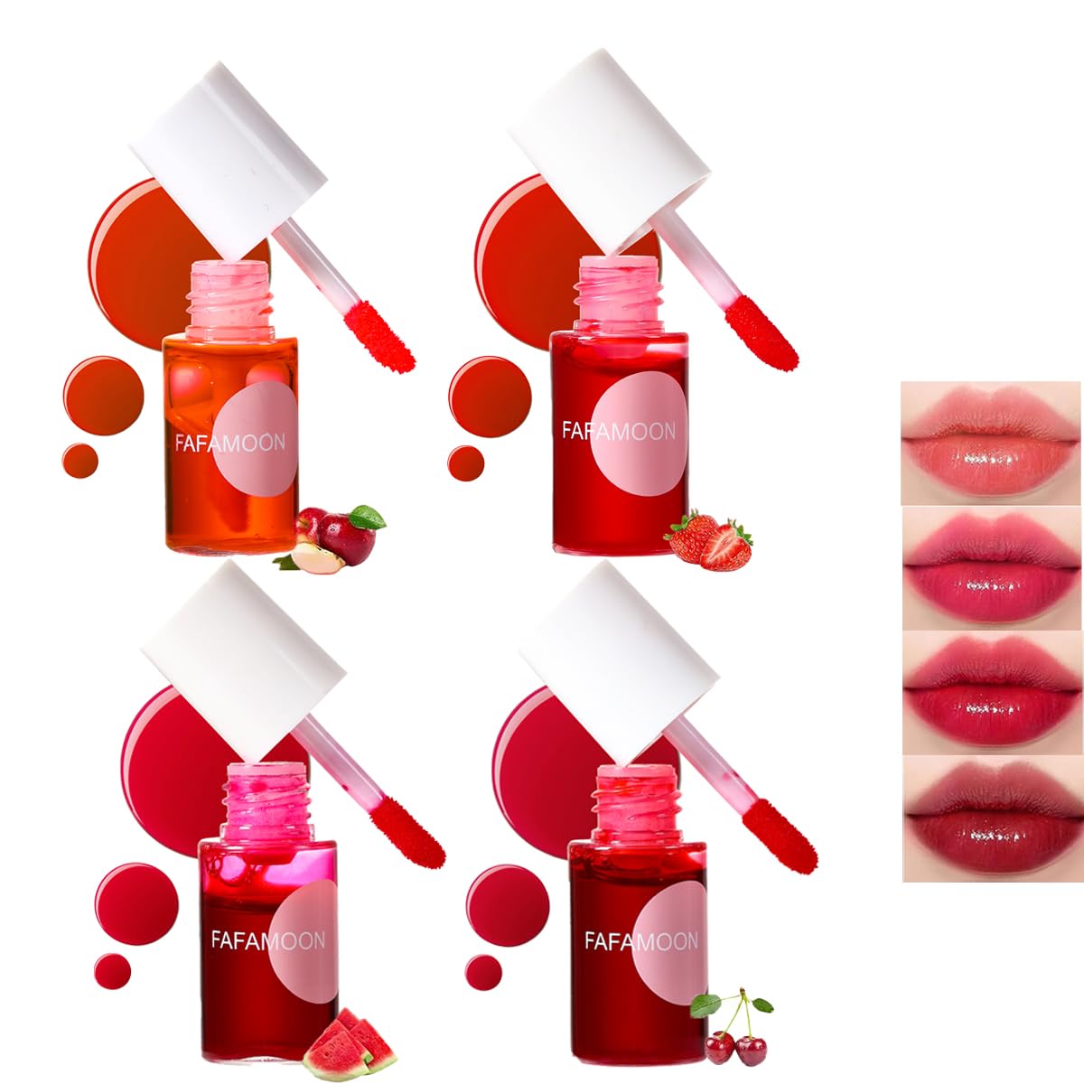 Baorder 4PCS Korean Lip Gloss Set, Lip Tint Stain Set,Mini Liquid Water Tint,Moisturizing Natural,Long Lasting Waterproof,Multi-Use Lip and Cheek Tint(Apple& Strawberry& Watermelon& Cherry)