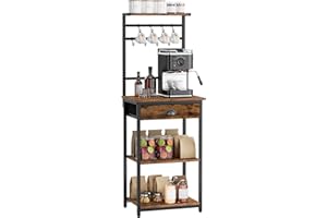 YMYNY 5 Tier Coffee Bar Station, Coffee Stand with Fabric Drawers, 8 S-Shaped Hooks, Corner Bar Cabinet, Height Adjustable, Bakers Rack for Kitchen, Living Room, Rustic Brown HBR009H