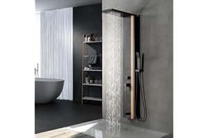 Bathfinesse Shower Wall Panels Bathroom Shower Panel Tower System Multifunction Bamboo Wood and Stainless Steel Body Spray Jets Rainfall Waterfall Head with Handheld Wand and Tub Spout Wall Mount