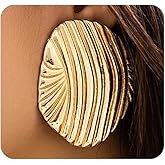 Exaggerated Gold Chunky Texture Statement Earrings for Women,Simple Geometry Shell Big Stud Earrings,Unique Super Large Dangle Drop Earrings