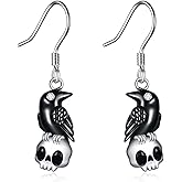 Halloween Raven Earrings for Women 925 Sterling Silver Raven Skull Drop Dangle Earrings Gothic Halloween Crow Skull Jewelry for Women