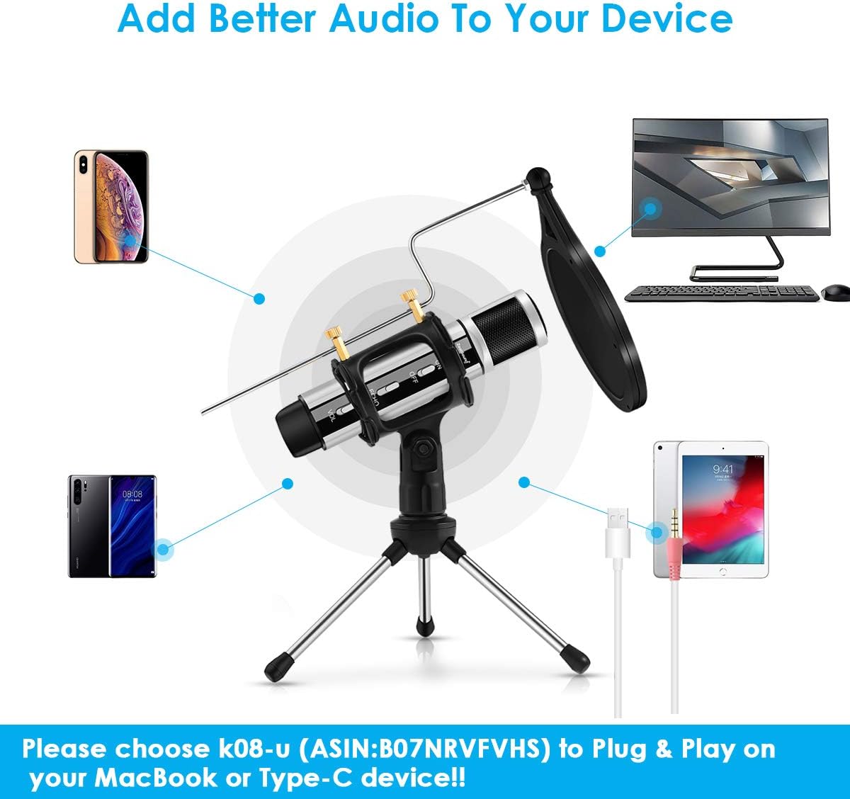 Studio Microphone, ZealSound Condenser Studio Microphone with Built-in Sound Card and Echo Effect, Vocal Recording Computer Microphone w/Tripod Stand for YouTube PC Laptop Tablet and Phone-Silver: Musical Instruments