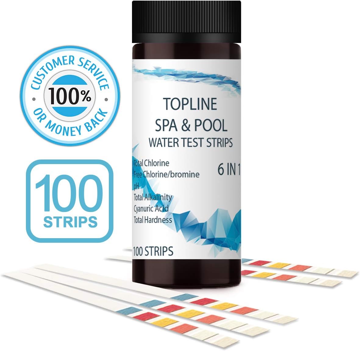Hot Tub Test Strips 6 In 1-100 Strips. PH Testing Strips, Free and Total Chlorine Test Strips, Alkalinity, Cyanuric Acid and Total Hardness Test Strips all in one. For Pools, Spa and Hot Tubs