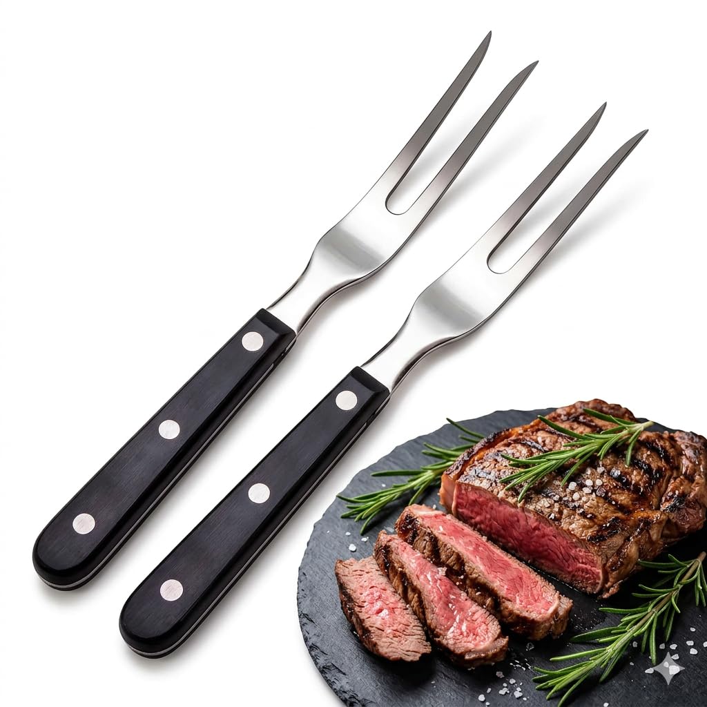 2 Pcs Carving Fork Set, 26.5cm Stainless Steel Meat Lifting Fork with Anti-Slip Ergonomic Handle, Heavy Duty Kitchen Pot Forks for Carving Turkey, Beef, BBQ and Sunday Roast