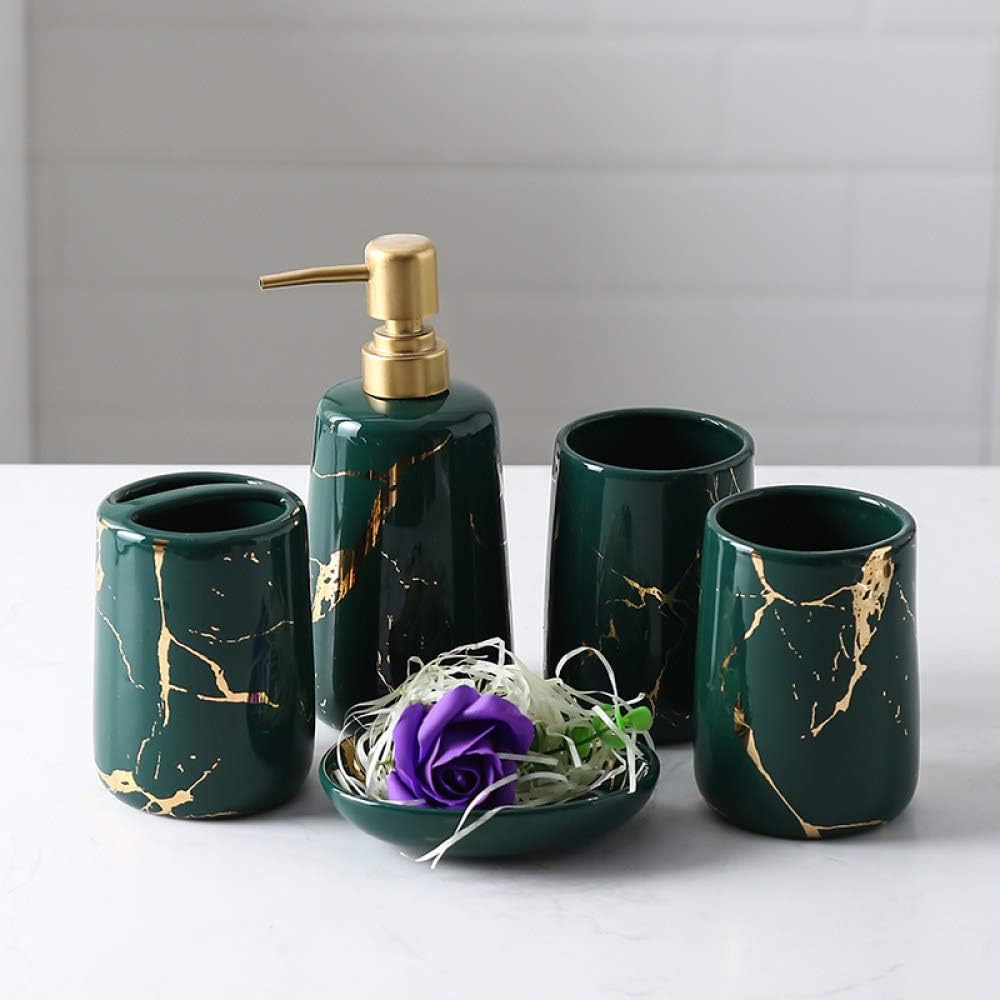 Zyqzxhn Vintage Ceramic Bathroom Accessories Sets Bathroom Vanity Decor Creative Dark Green Gold Marble 5 Piece Contain Soap Dispenser 2 Pcs Tumbler Toothbrush Holder Soap Dish For Home Hotel Toilet Amazon Co Uk Kitchen Home
