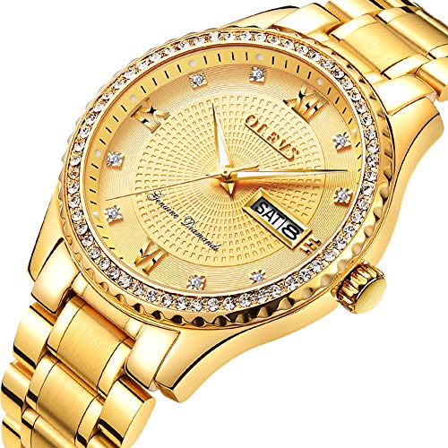 Gold Watches for Men Stainless Steel,Mens Day Date Watch,Mens Gold Watch with Calendar,Roman Numeral Business Casual Fashion Analog Quartz Wrist Watch,Luminous Watches Men,Classic Watch for Boys
