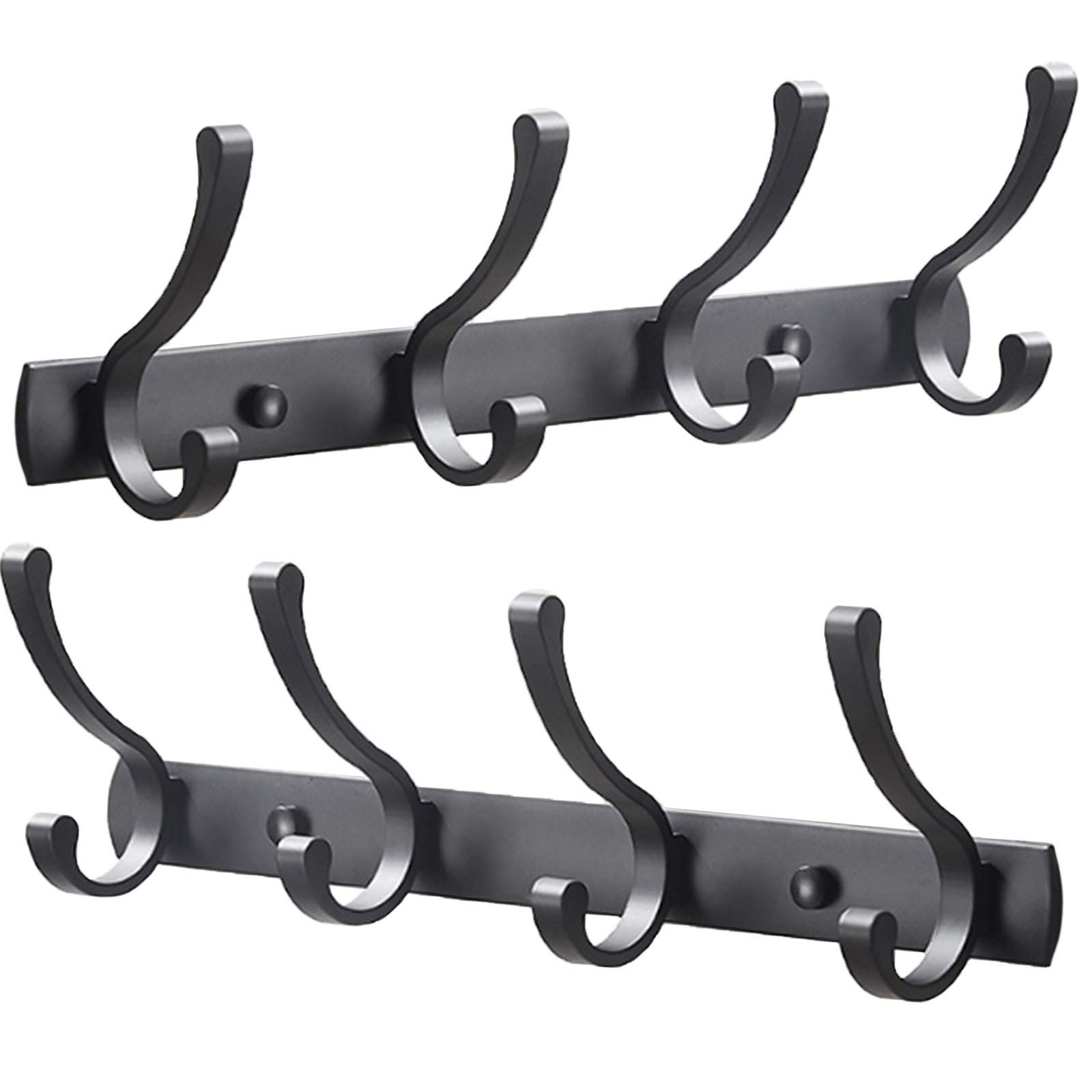 Spotact 2pcs Coat Rack Wall Mounted, 4 Dual Hooks for Hanging Coats Black Towel Hanger 13.8” x 1.3” Anti-Rust Clothes Hook for Entryway Bathroom Room Kitchen