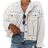 Omoone Women's Long Sleeve Rivet Studded Denim Jacket Casual Washed Short Jean Coat Western Outfits
