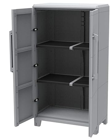 Kreher Gartenschrank aus Kunststoff. Mit modularen Böden, abschließbaren Türen und Metallscharnieren. IP43 geprüft in 3 versc