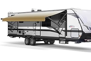 RVeaves Black Electric Power RV Awning Frame and Fabric Assemblies Full Set for RV,5th Wheel,Travel Trailers,Toy Haulers,and Motorhome RV Trailer Awning for Home or Camper (14Feet, Sand Fade)