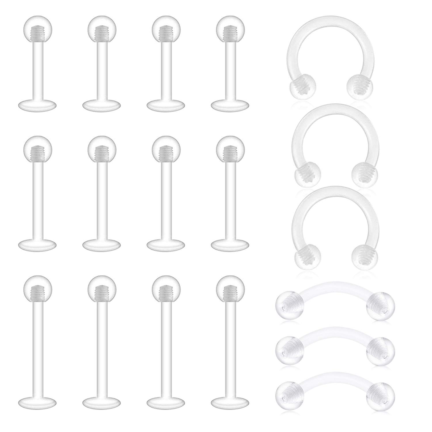 LAURITAMI 18pcs Piercing Retainers Pack Acrylic Bioflex Clear Lip Nose Rings Stud Eyebrow Labret Tragus Bar Horseshoe Barbell Multi-Shapes
