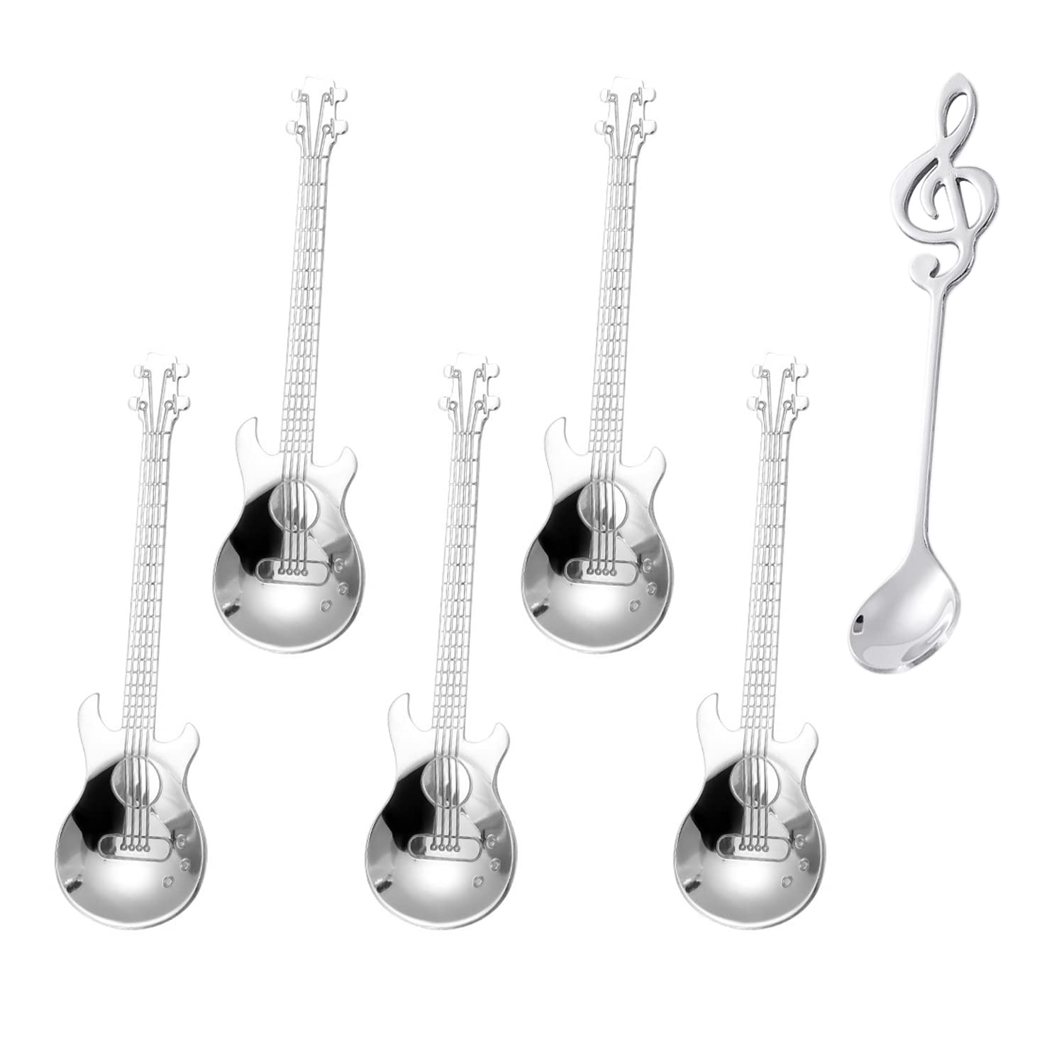 5 Pcs Guitar & Music Note Dessert Spoons, Interesting Decoration Gift, Stainless Steel (Silver)