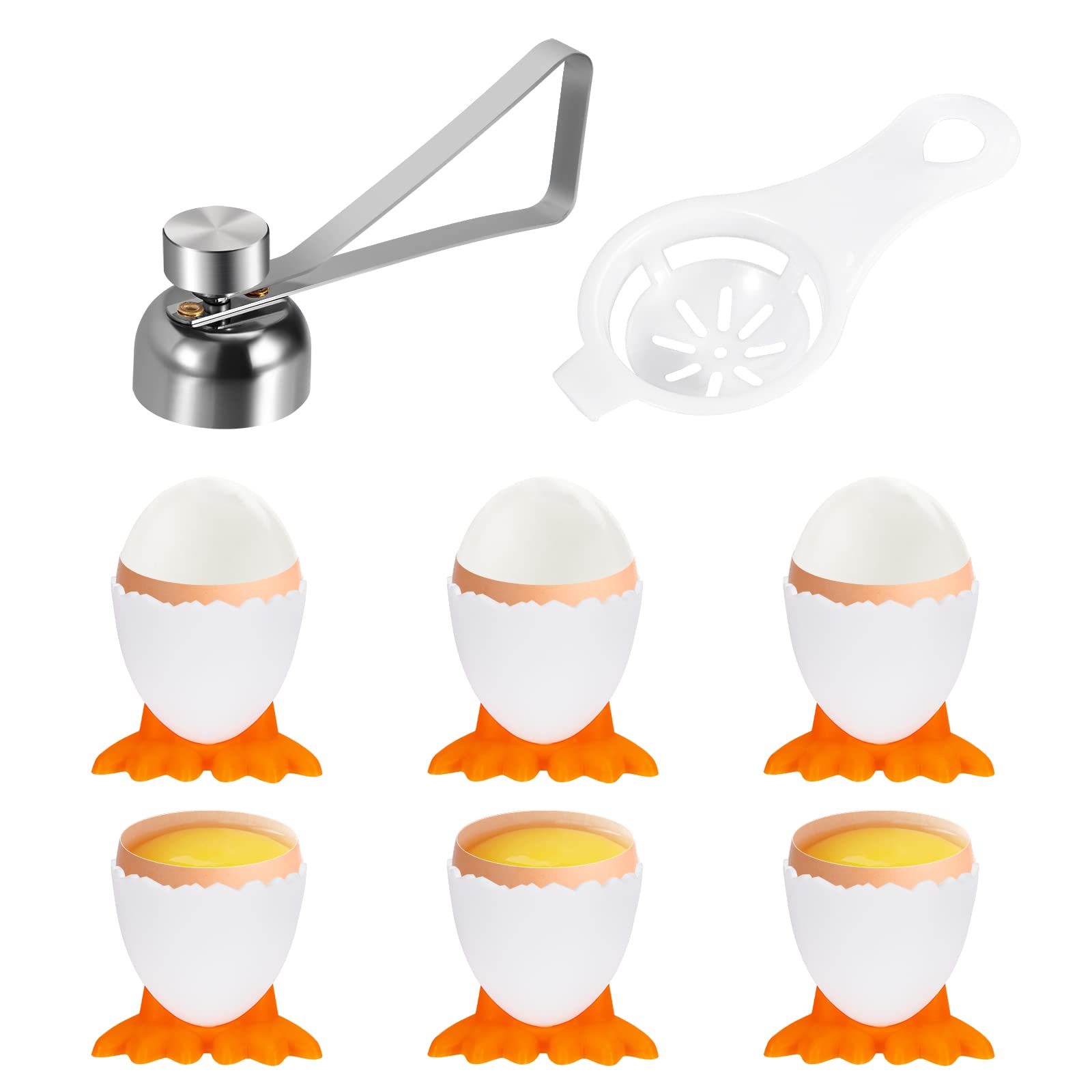 Egg Cutter Topper Set Novelty Egg Cups and Stainless Steel Egg Opener Shell Remover Separator Egg Holder Stand for Raw Soft Hard Boiled Egg 8Pcs