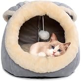 Cat Beds for Indoor Cats-Rabbit-Shaped Cat Cave Bed with Hanging Toy,Grey M | Super Soft Calming cat Tent house for Kitten&amp;Puppy,Warm Plush&amp;Machine Washable&amp;Removable Cushioned Pad,Cute cat Hideaway