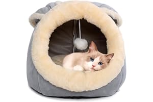 LCYBEM Cat Beds for Indoor Cats - Rabbit-Shaped Cat Cave Bed with Hanging Toy,Super Soft Calming Pet Bed for Kitten&Puppy,Small Dog,Warm Plush&Machine Washable&Removable Cotton Pad,cat Hideaway(Grey L)