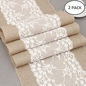 Littlegrasseu Camino de Mesa Yute Rústico Vintage de Encaje Cubierta para Mesa de Arpillera Natural para Boda Fiestas Eventos Decoración 30 * 275cm (2pcs)