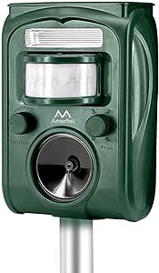 Amerfist Solar Animal Repeller, 2021 Ultrasonic Mole Repellent, Rat, Squirrel, Deer, Raccoon, Skunk, Rabbit, Mole, Dog, Cat, Waterproof with Motion Detector, USB Rechargeable, Flashing Light (Green)
