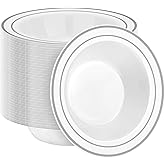 BESTSTAR 100 Pack Disposable Soup Bowls with Silver Rim, 12oz Premium Heavy Duty Plastic Dinner Bowls for Party, Wedding and Holiday
