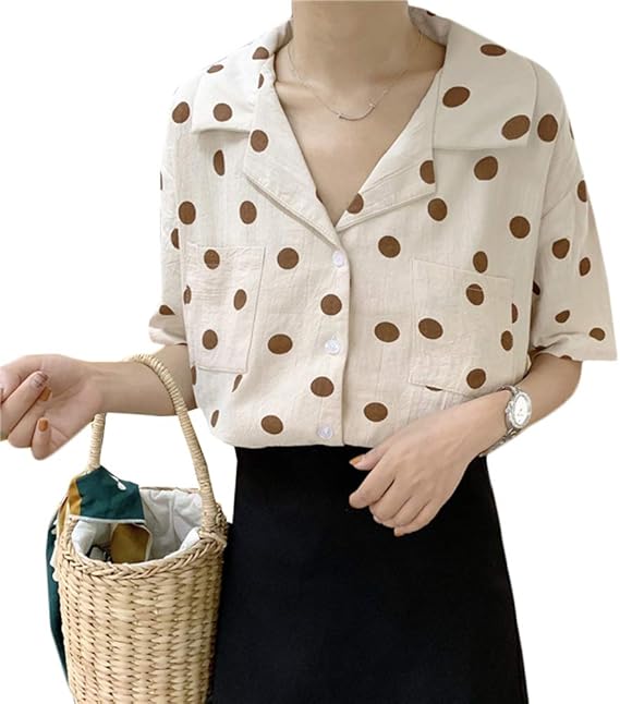 Amazon Zhongjue ジュージェン 半袖 シャツ レディース ゆったり ブラウス ドット柄 ボタン付き ファッション トップス Vネック 水玉柄 おしゃれ 夏服 カジュアル 韓国風 夏 Freesizeアプリコット シャツ ブラウス 通販