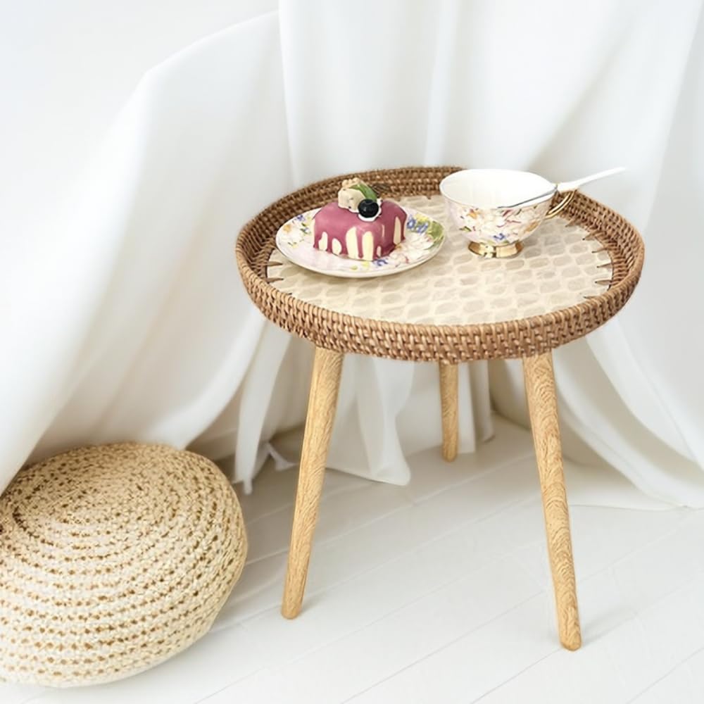 Photo 1 of Small Rattan Side Table/Round Coffee Table for Small Spaces, Mini Modern Coffee Table with Shell Design Tray, Outdoor End Tables for Patio, Boho Nightstand for Bedroom or Living Room
