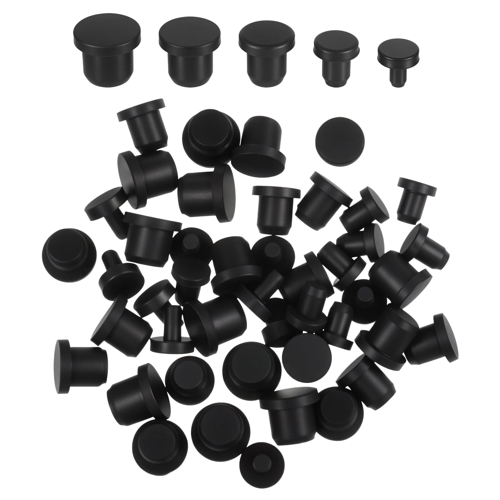 Photo 1 of LIQWEI 50 Pcs Silicone Rubber Hole Plug, 5 Sizes Plastic Hole Plugs Silicone Cap Set, Black High Temp T-Type Holes Plug for Powder Coating Waterproof Sealing Plugs Pipe Holes Flower Pots