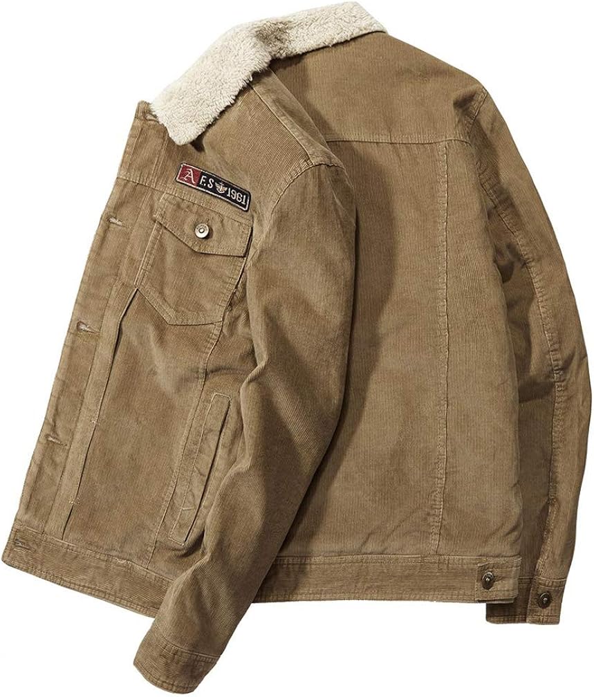 Lavnis Men's Corduroy Trucker Jacket Casual Stand Collar Button Down Fleece Denim Jacket at  Men’s Clothing store