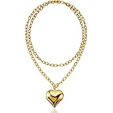 KHRYPTXH 16k Gold Plated Chunky Statement Necklace for Women, Bold Thick Layered Puffy Heart Design, Long Gold Jewelry, Trendy Women's Fashion Necklace