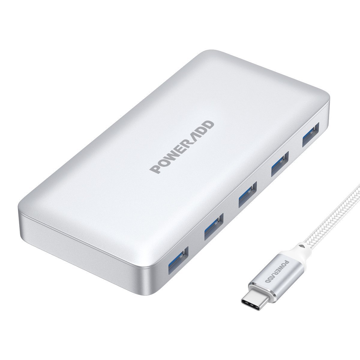 USB C Hub, Poweradd Ultra Slim Type C Hub 5-Port USB 3.0 and PD 2.0 Data Hub (5Gbps Transfer Speed, Anodized Alloy, Compact and Lightweight) for Mac, PC, USB Flash Drives and Other Devices - Silver