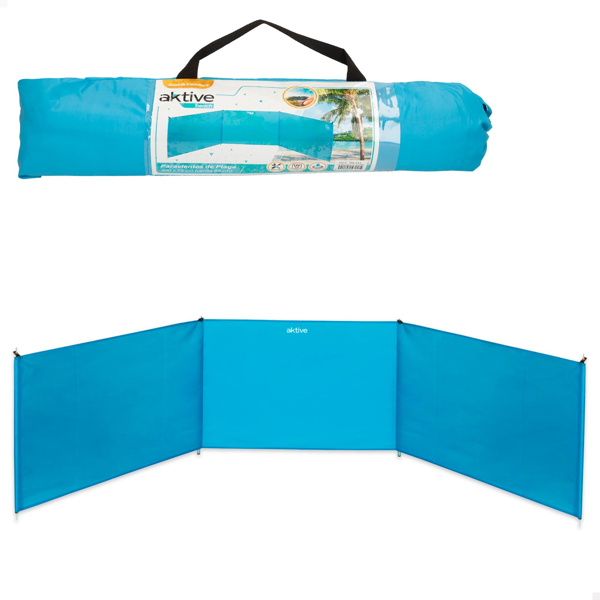 Aktive Beach Wind Protection, 300 x 75/85 cm, Blue, 3 Panels, 170T Polyester Fabric, UV30 Protection, Aluminium Poles, Includes 4 Pegs, Carry Bag with Handle, Foldable Wind Protection (53441)