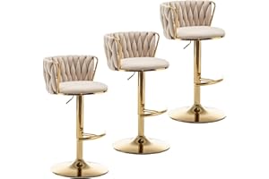 Cinxzar Gold Velvet Bar Stools Set of 3, Swivel Counter Height Bar Stools with Back, Adjustable Woven Barstools for Kitchen Island, Pub, Club (Beige)
