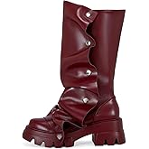 sexytag Women's Platform Slouchy Fold Over Boots Mid Calf Block Heel Round Toe Western Pull on Fashion Boot