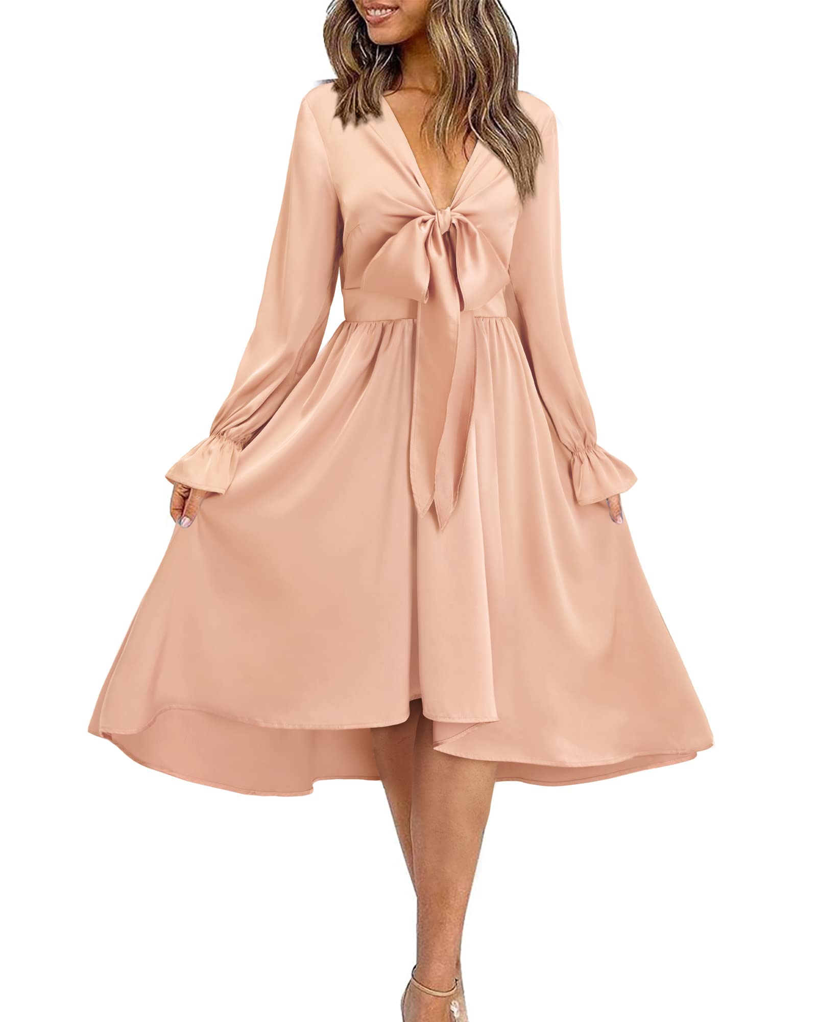 Photo 1 of *****SIMILAR ITEM ****
KILIG Women's Silky Satin Long Sleeve Tie Front Flowy Formal Wedding Guest Cocktail Party Evening Dresses(Pink01,Large)