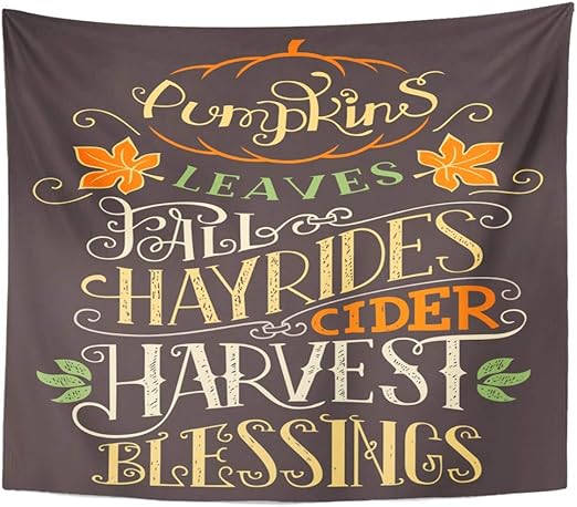 Amazon Com Emvency Wall Tapestry Saying Pumpkins Leaves Fall Hay