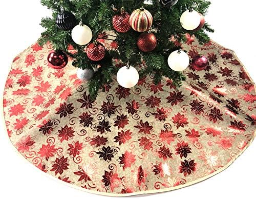 47" Khaki Burlap with Red Flowers Christmas Tree Skirt