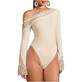 WDIRARA Women's Lace One Shoulder Long Sleeve Bodysuit Dressy Off The Shoulder Leotard Tops