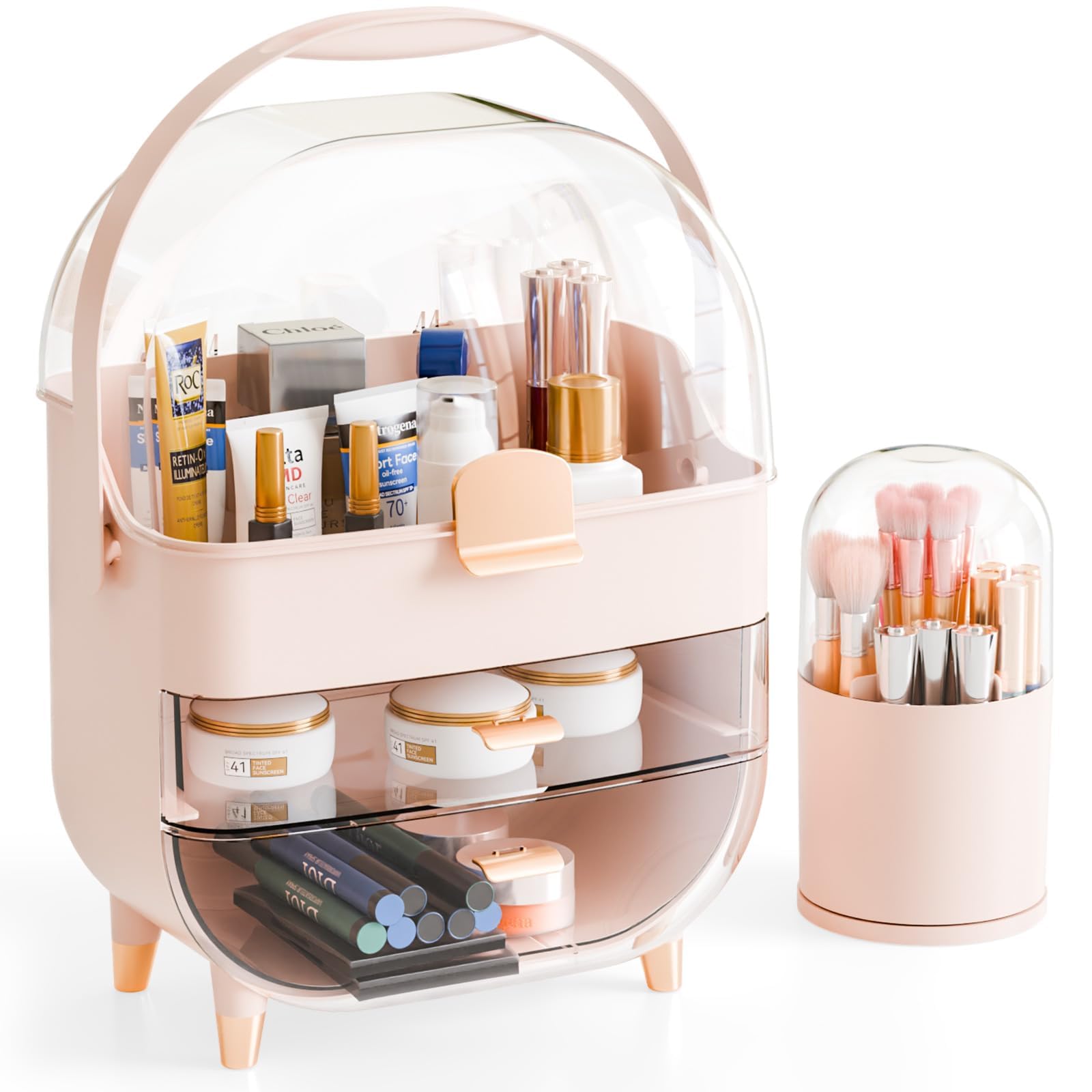 Photo 1 of Yieach Countertop Makeup Organizer for Vanity,Large Capacity Skincare Organizers With Drawers and Makeup Brush Holder,Cosmetic Display Cases with Clear Cover for Bathroom,Dresser,Beauty Product,Pink